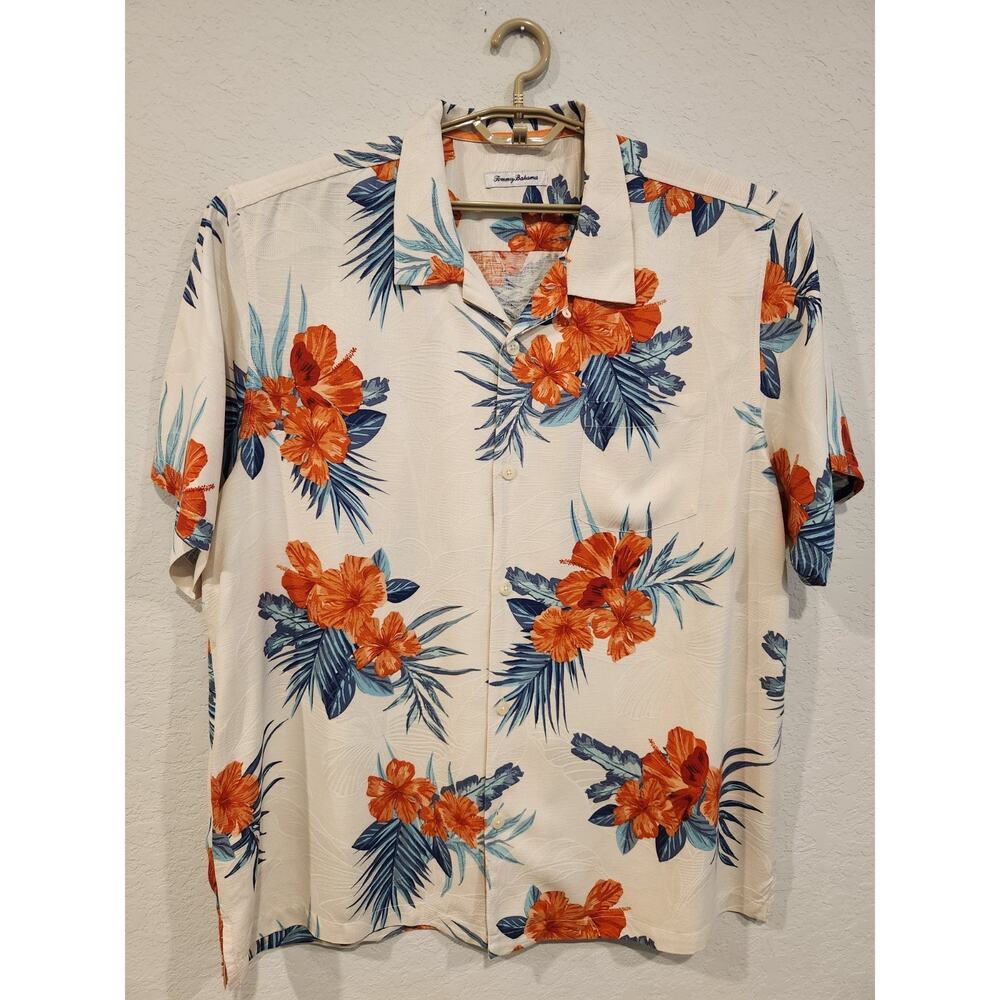 Tommy Bahama Men’s XXL Hawaiian Floral Silk-Blend Shirt Short Sleeve Orange Blue